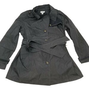 Susan Graver Women's Black Trench Coat Belted Button‎ Front Mesh Detail Size M